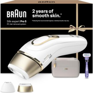 Braun IPL Silk-Expert Pro 5, at Home Hair Removal, Alternative for Laser Hair Removal, Includes Pouch, Venus Razor, Precision Head, 2 Years of Smooth Skin, Gift for Women, White/Gold, PL5138