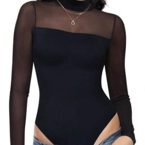 Joyshaper Women Bodysuit Turtleneck Long Sleeve Mesh Leotard Tops Body Suit