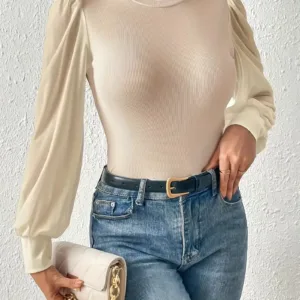 SHAPERIN Women Square Neck Bodysuit Long Lantern Sleeve Top Elegant Blouse