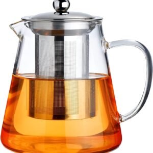 Spring Chef Heat-Resistant Borosilicate Glass Strainer Teapot, 950ML/33.43OZ Round Glass Teapot with Infuser, Removable Infuser Tea Pot Handmade